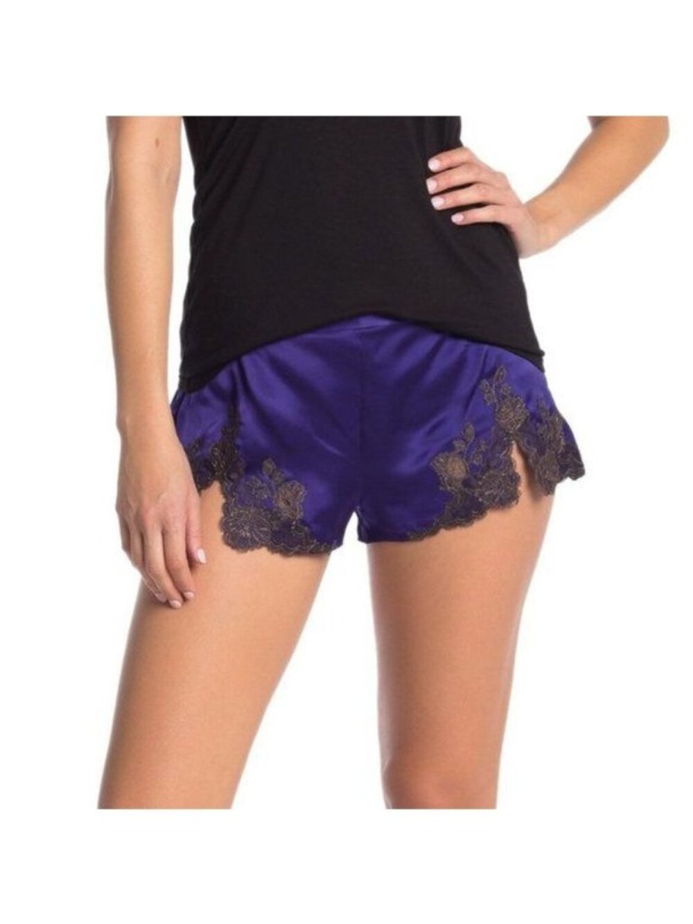 Josie Natori DVO Lillian Silk Shorts Midnight Purple With Black Lace Trim